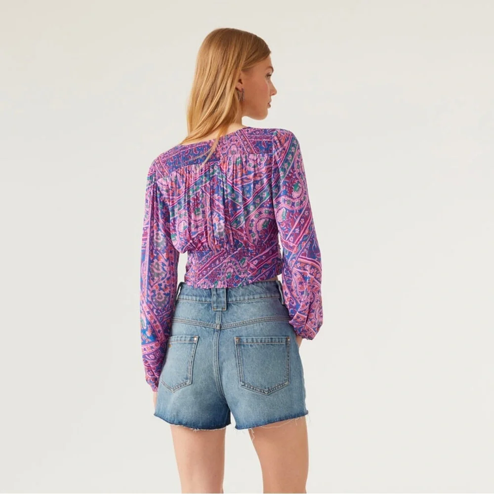 ba&sh NWT Finka Long-Sleeve Floral Paisley Puff Sleeve Crop Top Purple Pink XS - Picture 3 of 15
